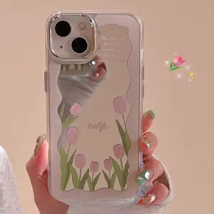 Tulip print mirror phone case for iphone 11 12 13 14 15 plus 16 pro max women hard cases shockpoof preservation casing preserve cellphone
