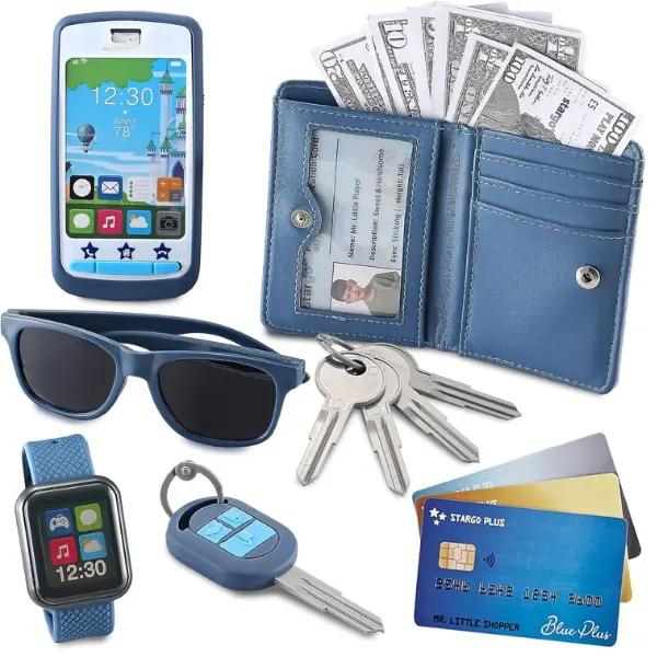 Play Wallet for Boys with Money and Pretend Play Toys, Cellphone, Smartwatch, Keys, Sunglasses, Toddler Wallet for Kids Ages 3 4 5 6 7 8 9 10 11 12 - Grown Up Pretend Play Set for Kids