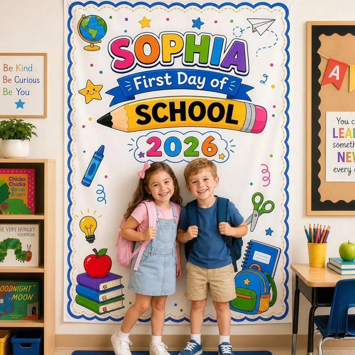 Personalized First Day of School Banner, Custom Name Back to School Photo Backdrop, School Tapestry for Preschool Kindergarten