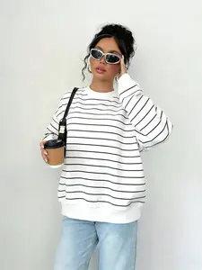 Women's Oversized Baggy Striped Knit Sweatshirt | Soft cozy chic loose-fit pullover, classic black & white fine stripe top perfect for daily streetwear & casual loungewear Knitwear