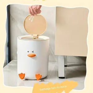 1PC Press Top Large Trash Can, Cute Duck Design Quiet Lid, Oval Plastic Waste Bin for Home Office Kitchen Bathroom