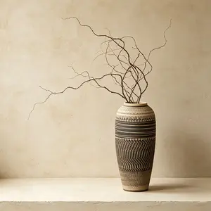 Retro Carved Ceramic Tabletop Vase Large 34cm, Tribal Thread Pattern Pottery Vase, Boho Farmhouse Decorative Flower Vase for Living Room, Rustic Textured Vase for Dried Flowers, Ideal for Home Decor & Aesthetic Display