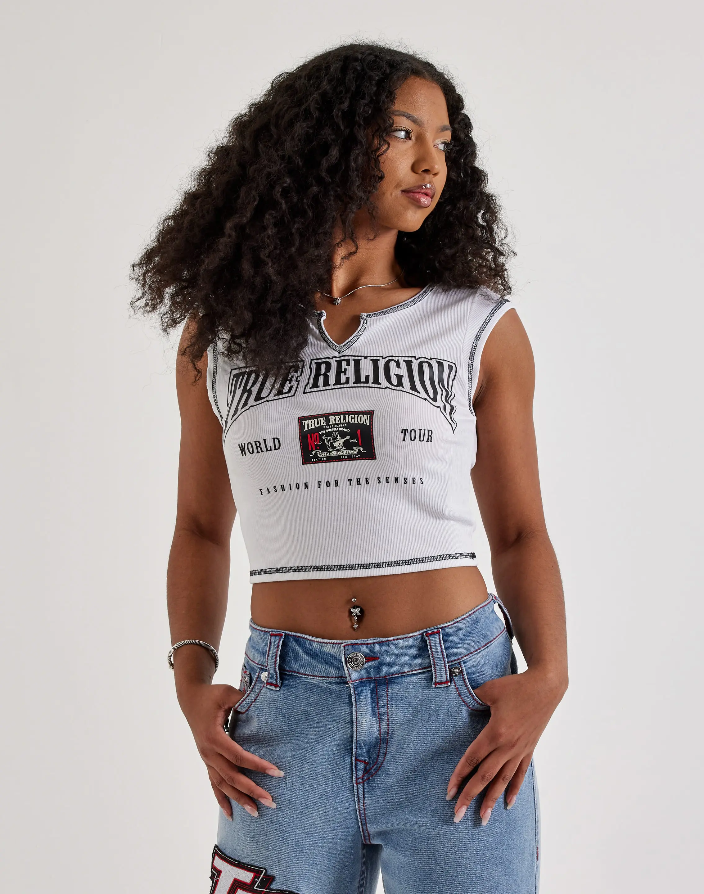 Womens True Religion V-Notch Raglan Cap-Sleeve Tee