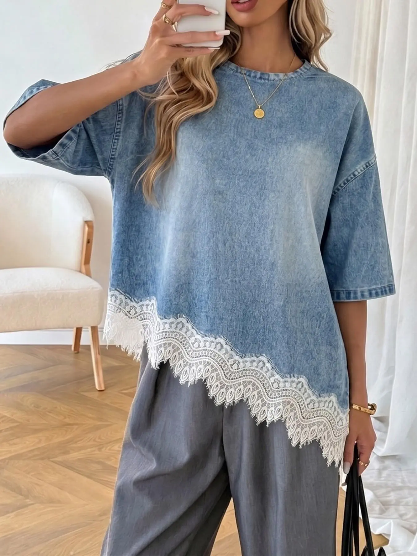 Women's Loose Fit Light Wash Denim T-Shirt Basic, Elegance, Casual Everyday Drop Shoulder Short Sleeve Top, Lace Wave Hem, Round Neck, Street Style Streetwear, Summer Wear, Casual Comfy Tee