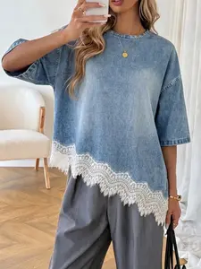 Women's Loose Fit Light Wash Denim T-Shirt Basic, Casual Everyday Drop Shoulder Short Sleeve Top, Lace Wave Hem, Round Neck, Street Style Streetwear, Summer Wear