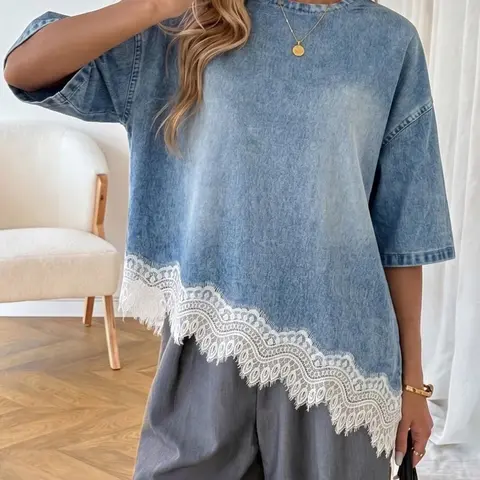 Women's Loose Fit Light Wash Denim T-Shirt Basic, Elegance, Casual Everyday Drop Shoulder Short Sleeve Top, Lace Wave Hem, Round Neck, Street Style Streetwear, Summer Wear, Casual Comfy Clothes, Casual Comfy Tee