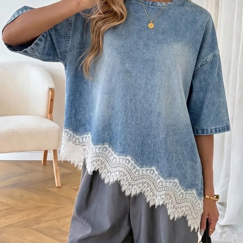 Women's Loose Fit Light Wash Denim T-Shirt Basic, Elegance, Casual Everyday Drop Shoulder Short Sleeve Top, Lace Wave Hem, Round Neck, Street Style Streetwear, Summer Wear, Casual Comfy Clothes, Casual Comfy Tee
