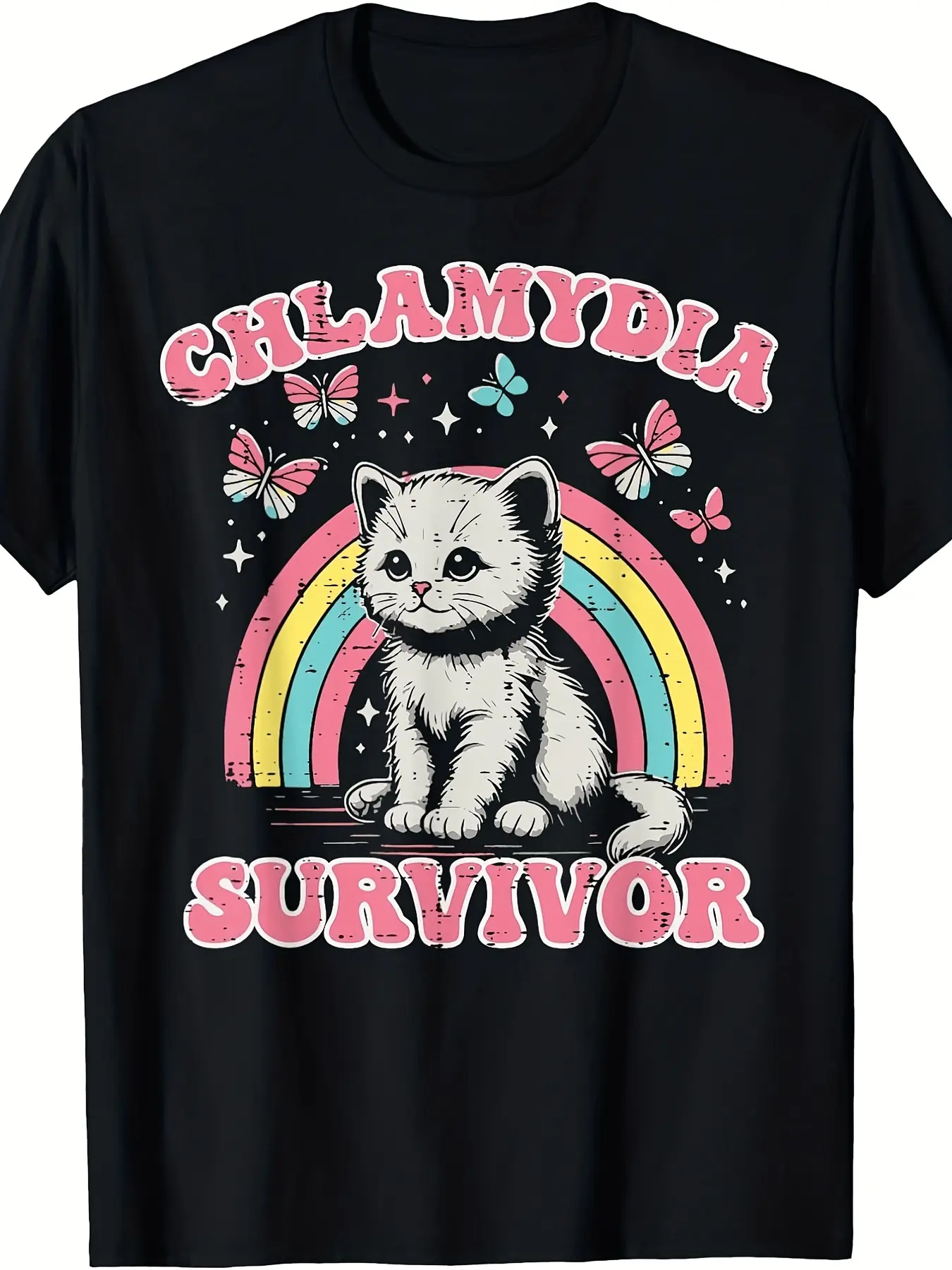 Funny Chlamydia Survivor Cat Graphic TShirt Adult unisex soft cotton short sleeve t shirt, vintage graphic casual tee for men women teens, perfect birthday holiday gift for camping travel gym daily street  wear