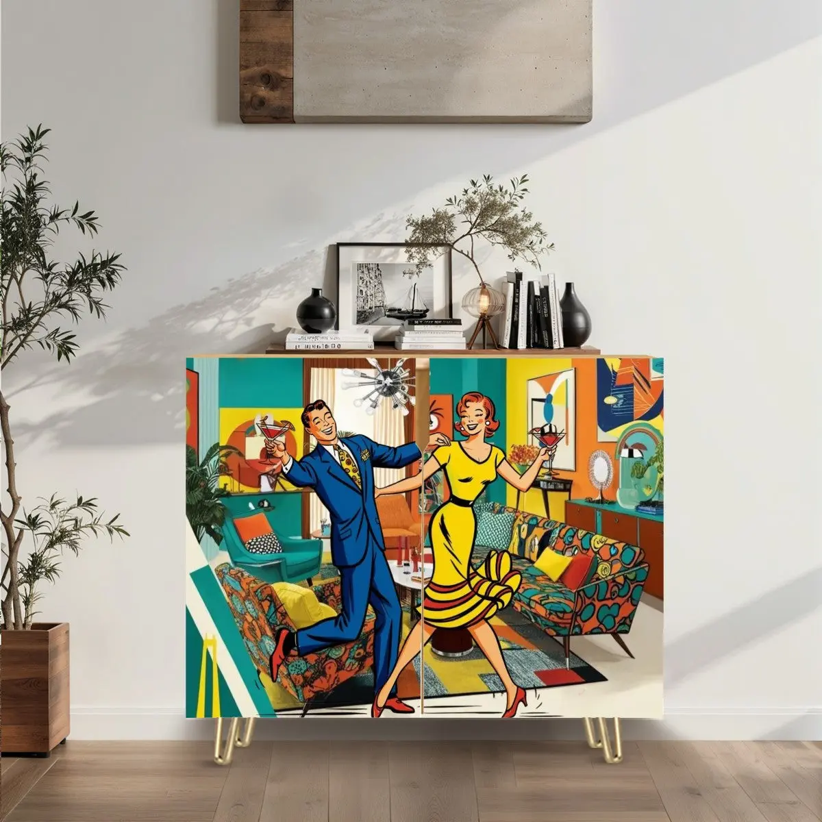 Mid Century Modern Bar Cabinet, Kitschy Quirky Mod Couple Cocktail Hour Wooden Storage Cabinet
