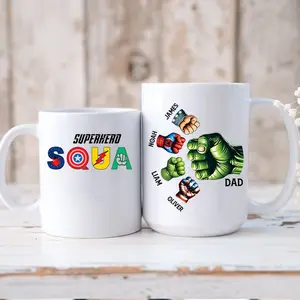 Personalized Dad Mug, Super Squad  Fist Bump Mug,Custom Holding Hands Mug, Father's Day Gift For Dad ,Dad and Children Hands