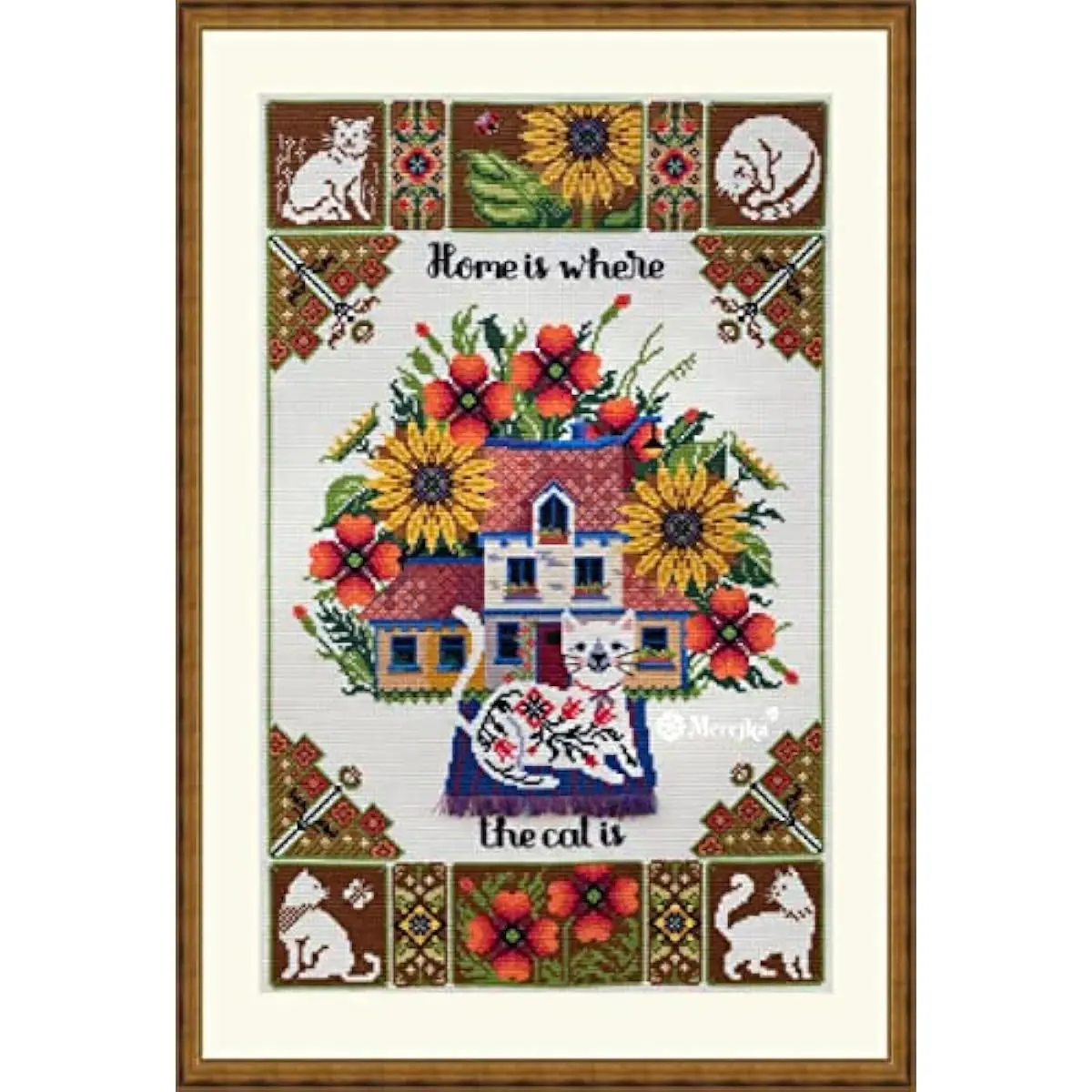 Merejka Counted Cross Stitch Kit, "Home is Where the Cat Is" Design, 27x43 cm Aida Cloth, Colored Schema Pattern, DIY Needlework for Adults & New Hobby Enthusiasts
