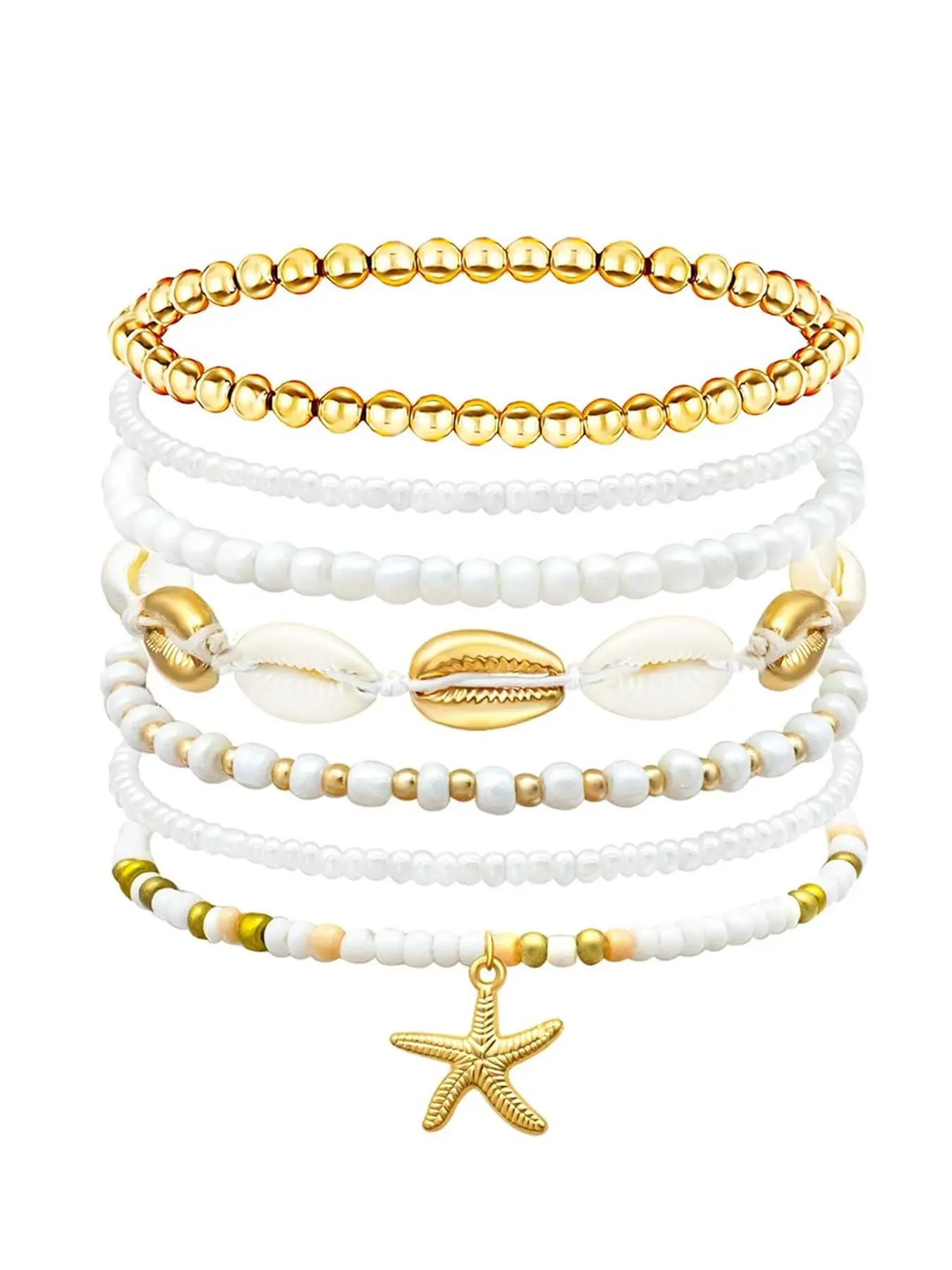 Boho Style Beaded Starfish & Shell Design Layered Bracelet Set, Fashionable Elastic Bracelet for Women & Girls, Elegant All-match Fashion Accessories for Daily Wear, Stackable Bracelets