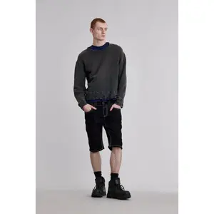 rr Men's Fitted Mid-Length Denim Leather Marion Casual Shorts, Menswear Bottoms with Embroidery, Plain Design, Pocket Detail, Versatile Outfits Piece for Streetwear