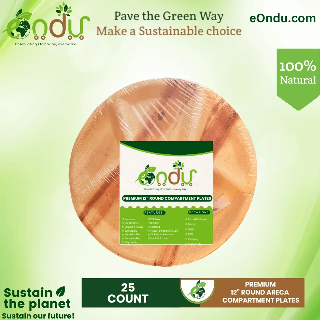 12" Areca Palm Leaf Disposable Plates - 4-Compartment, Sturdy, Leak-Proof, Natural Biodegradable Eco-Friendly Plates for Christmas, Graduation Ceremony, Dining, Hot & Cold Use