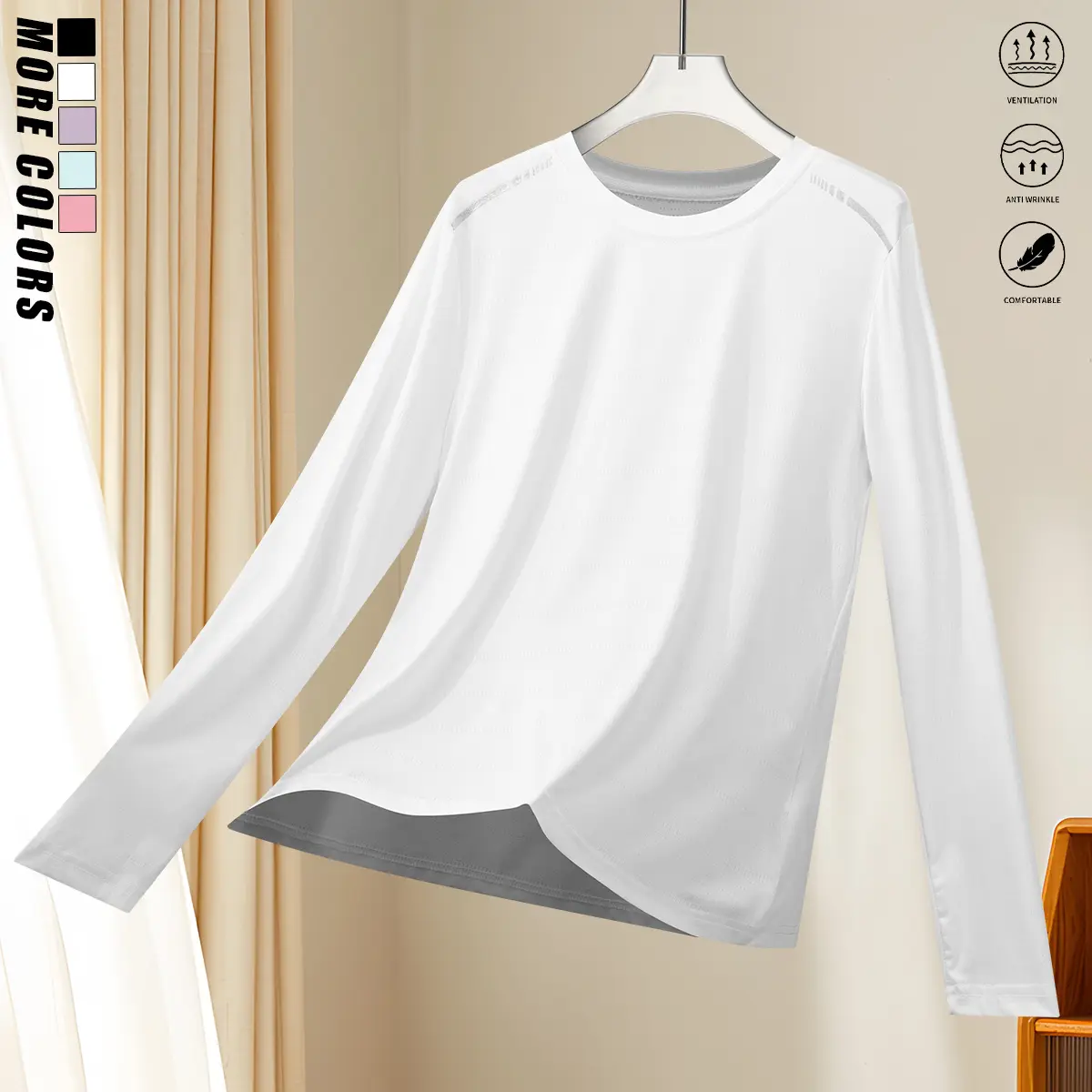 Women's Athletic Crew Neck Plain Long Sleeve Top - Polyester, Quick Drying, Breathable, Lightweight, Comfortable - Ideal for Running, Yoga, Fitness - Womenswear Blouse, Tops