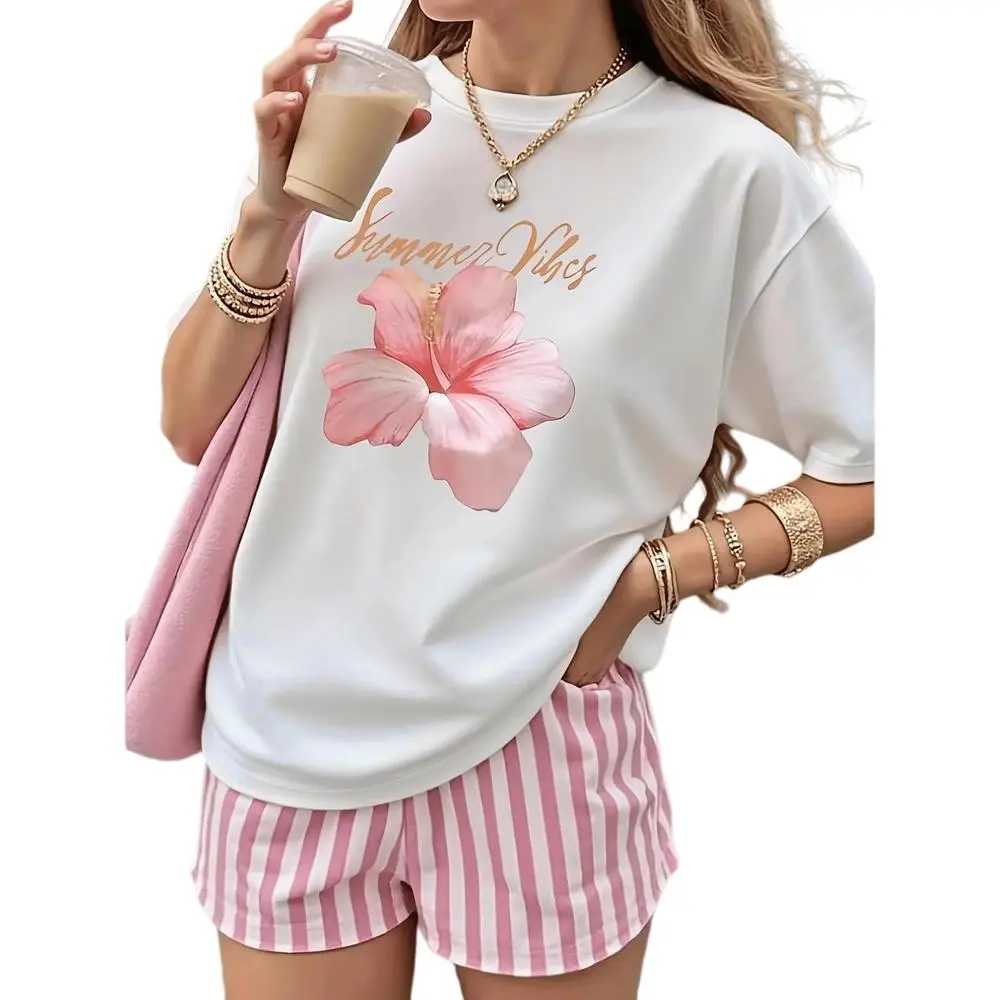 Women's 100% Cotton Pink Hibiscus Flower Shirt, Soft Floral Graphic Tee, Summer Casual Short Sleeve T-Shirt, Comfortable Everyday Top