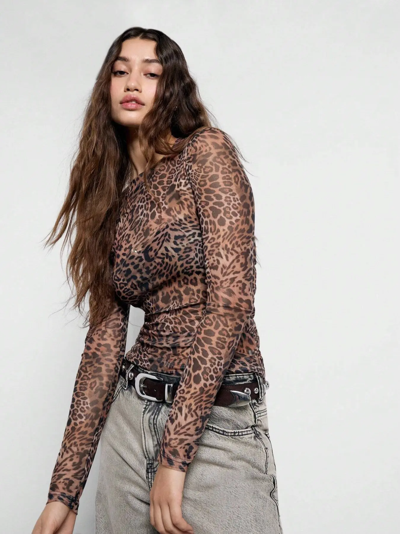 Elegant Leopard Print Mesh Long Sleeve Top, Transparent Mesh Fabric, Slim Fit Elastic Design, Round Neck Fitted Base Layer