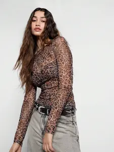 Elegant Leopard Print Mesh Long Sleeve Top Women, Transparent Mesh Fabric, Slim Fit Elastic Design, Round Neck Fitted Base Layer