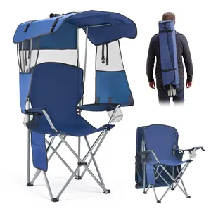 VEVOR Camping Chair with Canopy Shade, Folding Beach Chair with Canopy & Magazine Pocket, 2 Cup Holders, 330 lbs Heavy Duty Support, Carry Bags for Outdoor, Camp, Fishing, Tailgates, Deep Blue