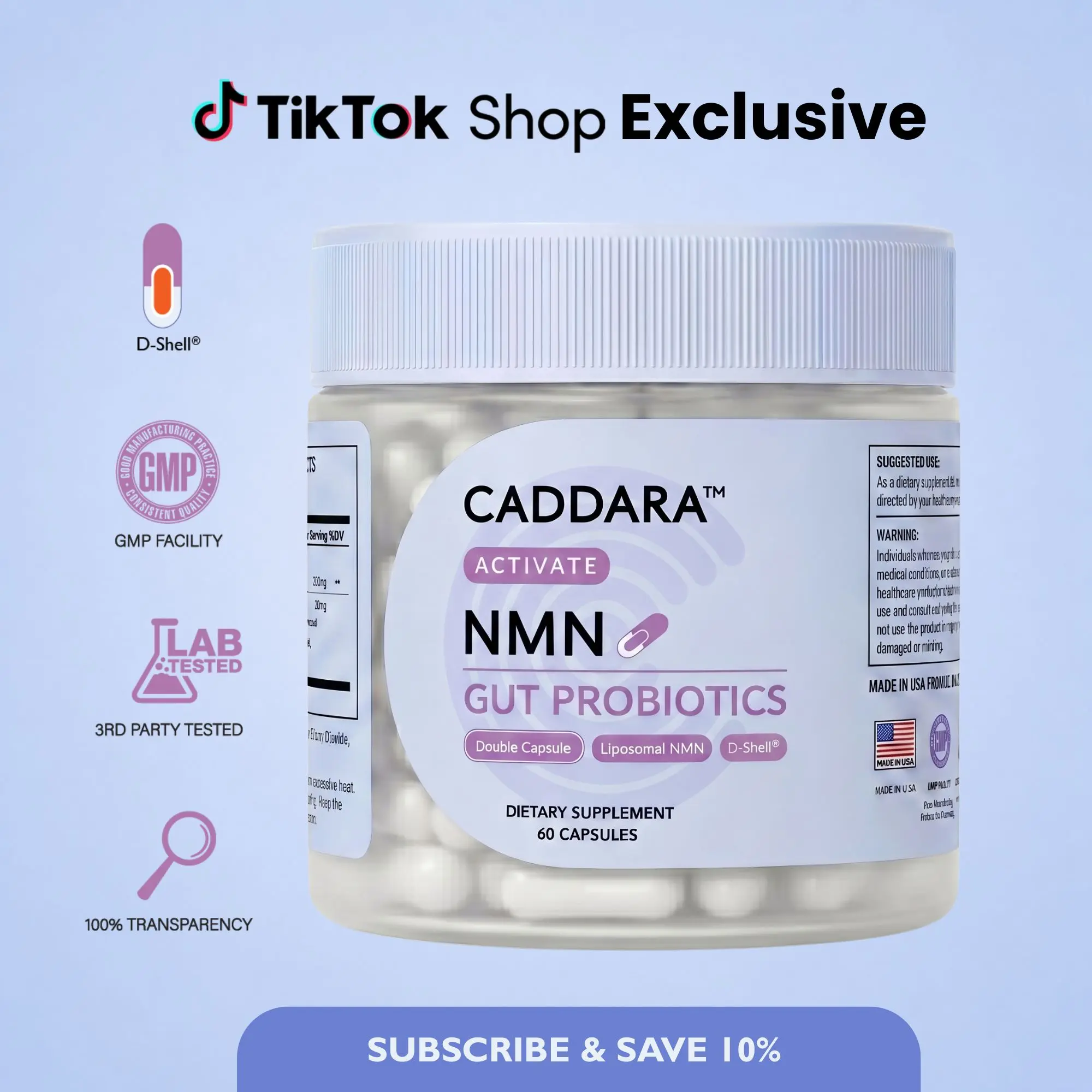 Caddara Activate Liposomal NMN 300mg & Gut Probiotics Capsules, Double Capsule,  Cellular Renewal Support, NAD+ Alternative, 60 Capsules, 30 Servings