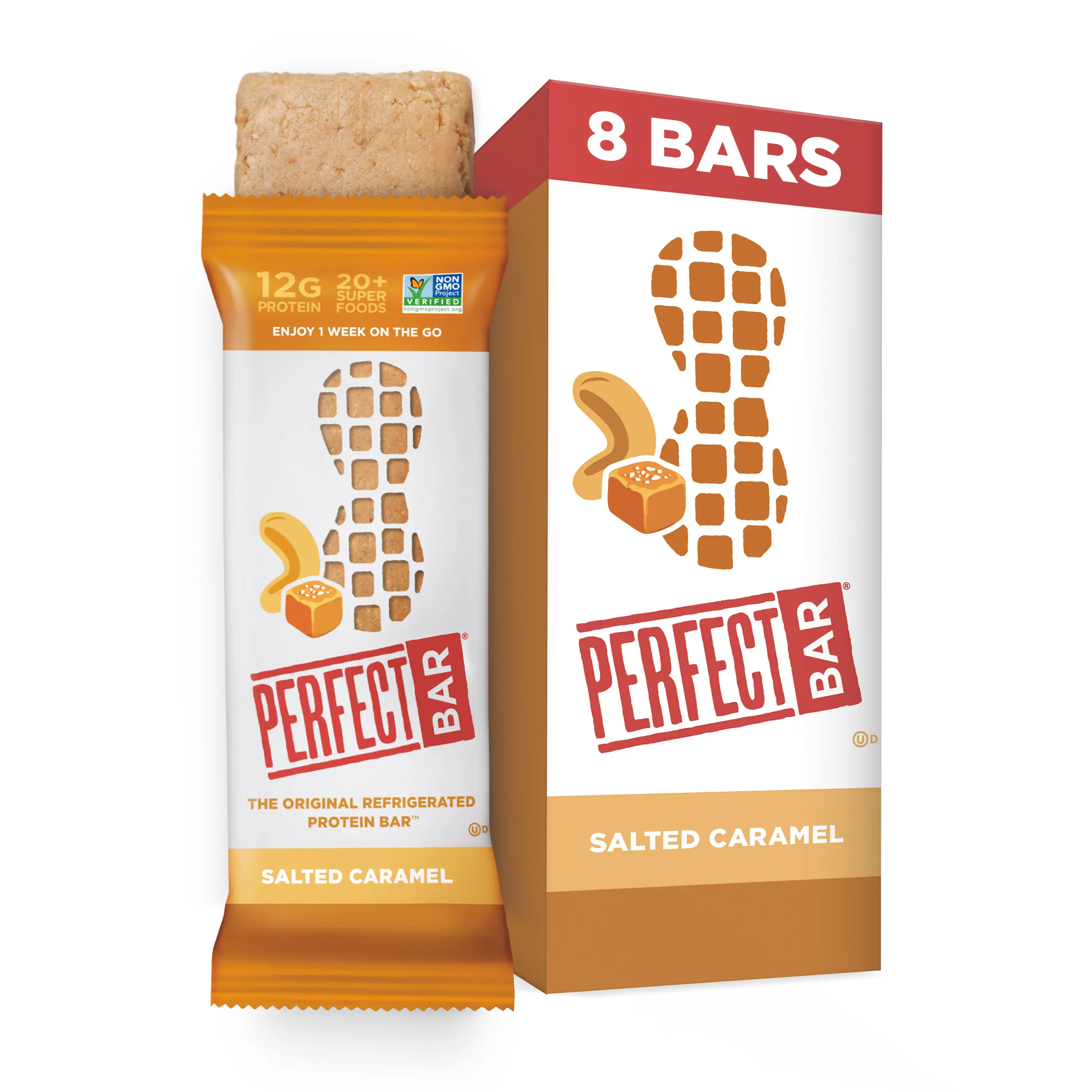 Perfect Bar Salted Caramel Protein Bar - 12g Protein, Non-GMO, Organic Honey, No Sugar Alcohols, 2.2 Ounce Bar, 8 Count, Gluten-Free & Soy-Free