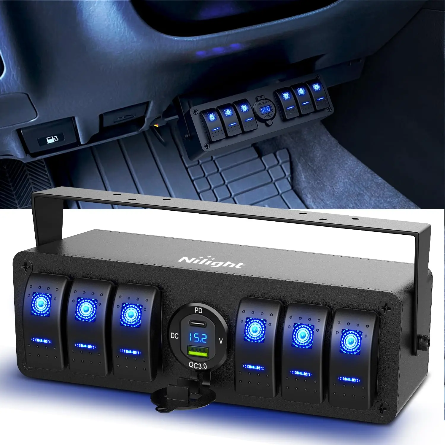 Nilight 6 Gang Rocker Switch Box 12V SPST ON Off Switch PD Type C and USB Charger Voltmeter Waterproof Aluminum Rocker Switch Panel Night Glow Stickers for Boats Cars RVs Trucks Lighting