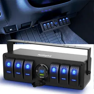 Nilight 6 Gang Rocker Switch Box 12V SPST ON Off Switch PD Type C and USB Charger Voltmeter Waterproof Aluminum Rocker Switch Panel Night Glow Stickers for Boats Cars RVs Trucks Lighting