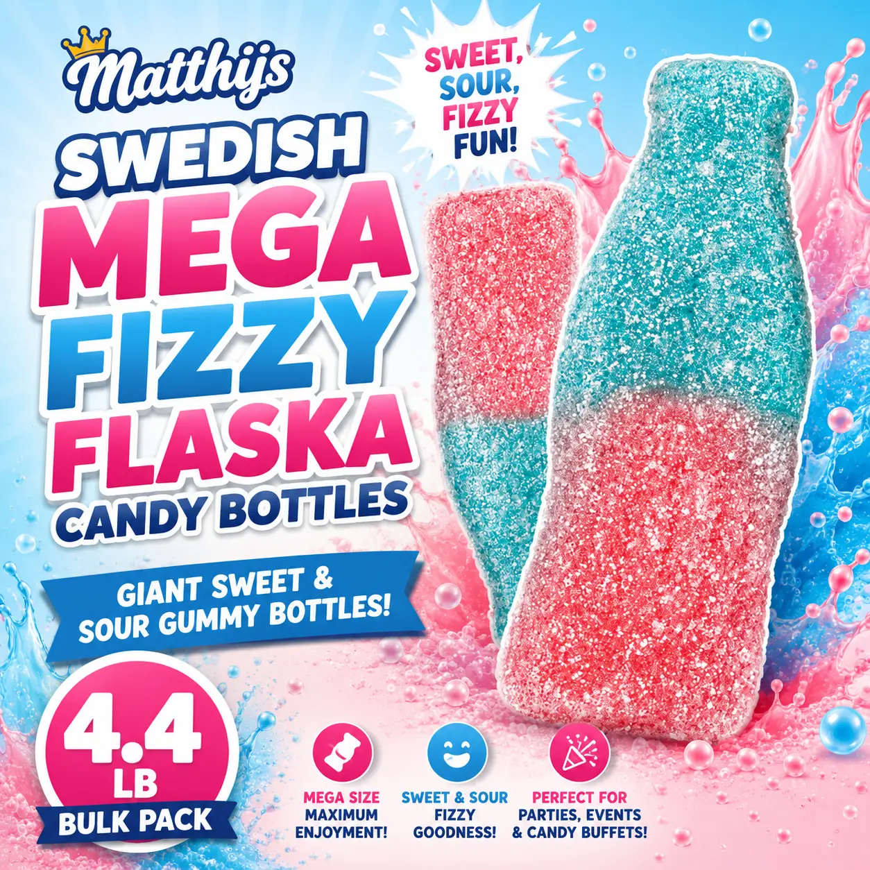 Matthijs Swedish Mega Fizzy Flaska Candy Bottles 4.4 lb  Giant Sweet & Sour Gummy Bottles | Bulk Party Candy