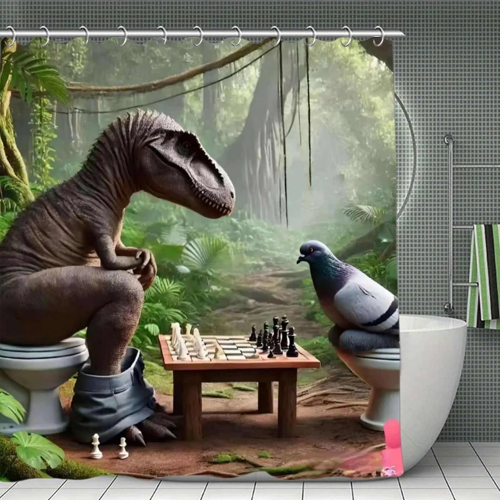 Funny Shower Curtain with T-Rex and Pigeon Playing Chess on Toilet Jungle Design, Stainless-Steel & Plastic Hardware, Ideal for Bathroom Bathtub & Room Spaces, Shower Curtains, Funny Art