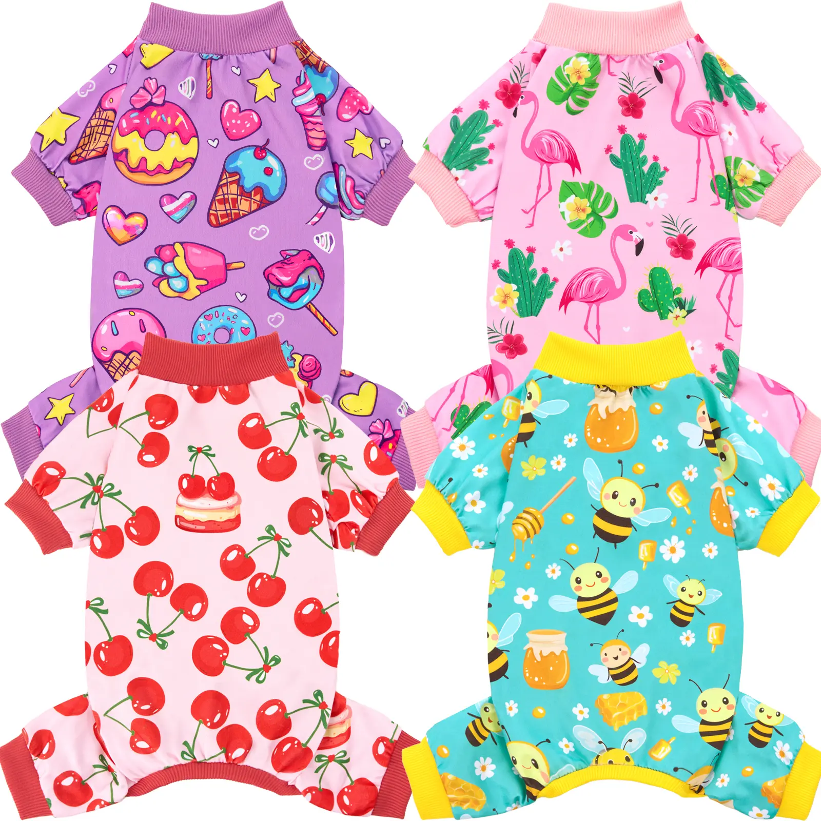 XPUDAC 4-Pieces Cozy Fruit & Bee Print Spring Dog & Cat Onesie, Cute Animal Soft Material Clothes with Elastic Ribbing, Universal Fit for Small Medium Large Pets,Summervibes,Petlovers Outfits