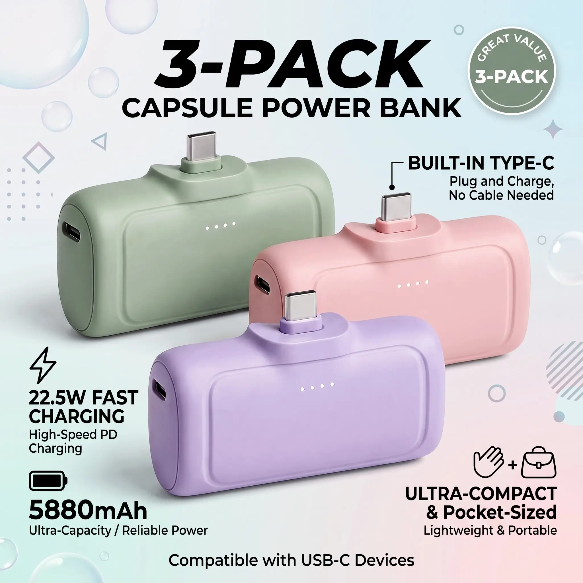3-Pack 5880mAh Mini Capsule Power Banks, 22.5W Fast Charging Portable USB-C Phone Chargers with Built-in Lithium Batteries, Compact Pocket-Sized Power Banks for Work, School, Travel & Outdoor Use