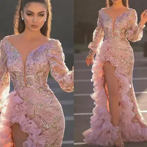2025 autumn new women's sexy mesh trailing sequined slit pink evening dress Formal Womenswear wedding guest dresses indian love prom dress gold dress Workwear Long Sleeve Basic Minimalist