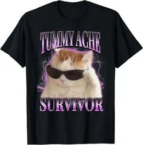 Cotton Gift Tee I Survived Today's Tummy Ache Silly Cat Meme Funny Cats Men Women T-Shirt casual cotton streetwear Fabric Menswear streetwear for all