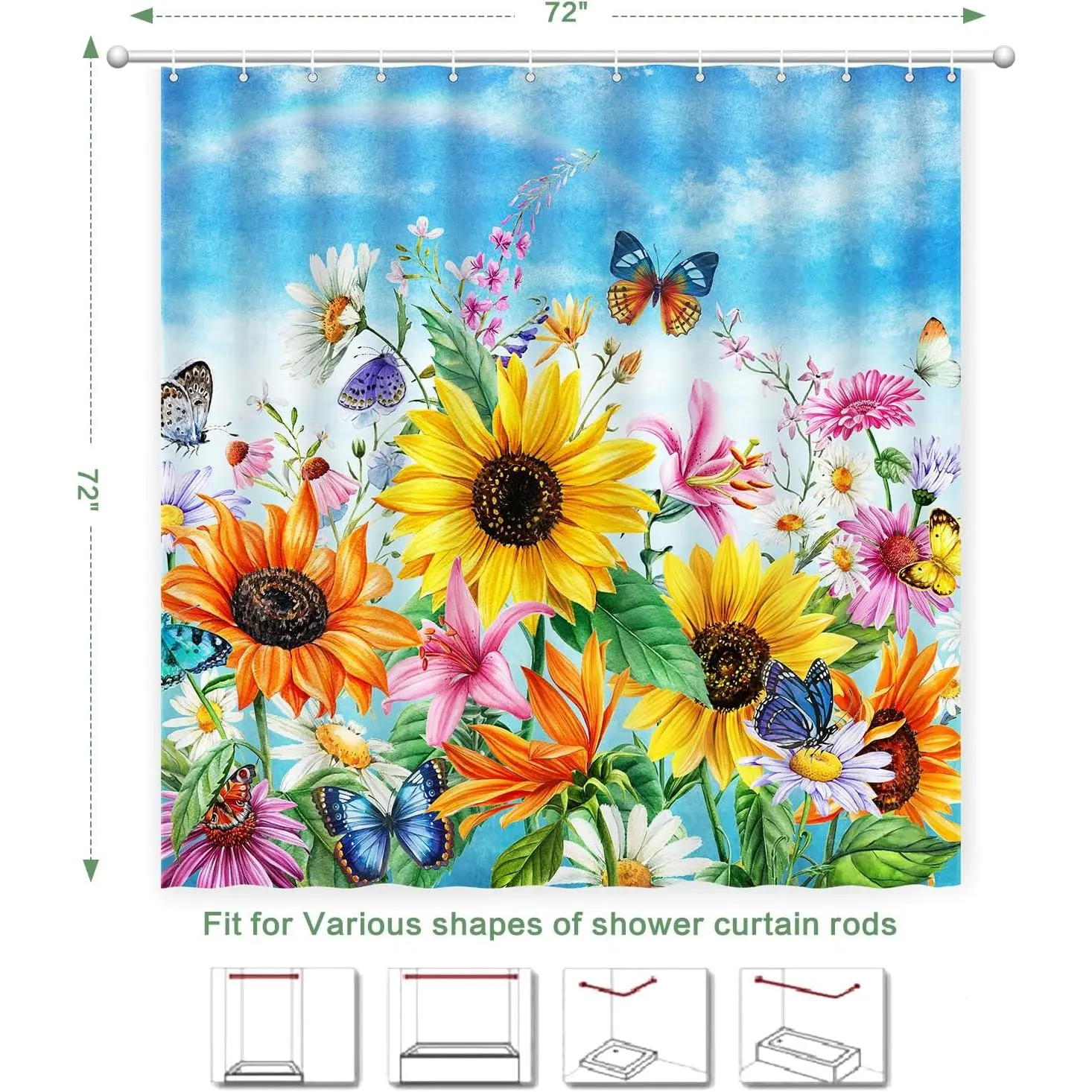 Shower Curtain Sunflowers Butterfly, Spring Shower Curtain Vibrant Colorful Wildflower Art Print for Bathroom with Hooks, Polyester Waterproof Washable Home Farmnouse Office Decor Bath Curtains 72x72 Shower Curtain Sunflowers Butterfly, Spring Shower Curtain Vibrant Colorful Wildflower Art Print for Bathroom with Hooks, Polyester Waterproof Washable Home Farmnouse Office Decor Bath Curtains 72x72