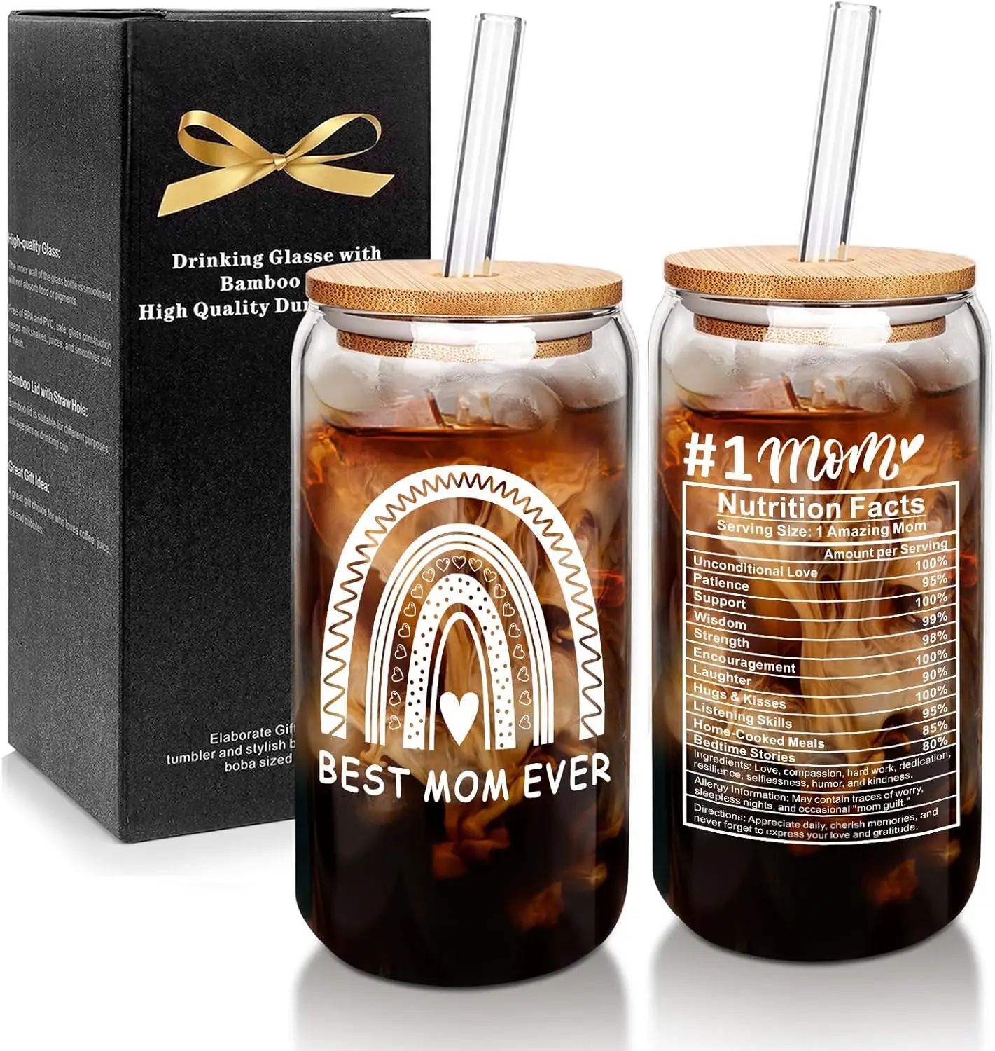 ANOTION Gifts for Mom, Coffee Cups, Birthday Gifts for Mom from Daughter Son, 18OZ Glass Cup Best Mom Gifts Bamboo Classic Mother's Day Gifts