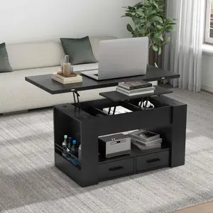Coffee Table Lift Top, 4 in 1 Multi-Function Coffee Table with Storage Drawers and Hidden Compartment, Coffee Table with Open Shelf, Converts to Dining Table for Living Room, Home Office