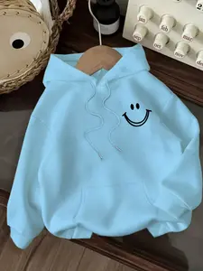 Women's Casual Fashion Sweatshirt with Smiley Face Print, Kangaroo Pocket, Drawstring Hoodie, Durable Material, Comfortable Fabric