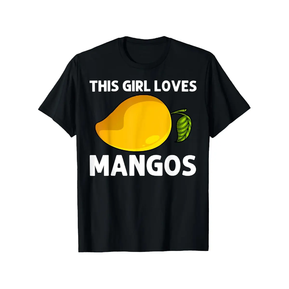 Men's Mango Lover Graphic T-Shirt - Funny "This Girl Loves Mangos" Text - Heavyweight 180gsm Cotton Tee - Black Shirt with Yellow Mango Design - Sizes S-XL - Casual Everyday Fruit Costume Party Apparel Soft Crewneck Top, Humor Enthusiasts