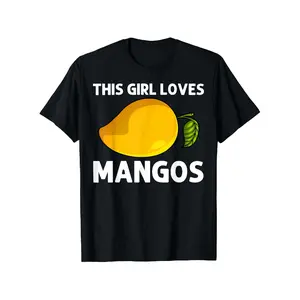 Men's Mango Lover Graphic T-Shirt - Funny "This Girl Loves Mangos" Text - Heavyweight 180gsm Cotton Tee - Black Shirt with Yellow Mango Design - Sizes S-XL - Casual Everyday Fruit Costume Party Apparel Soft Crewneck Top, Humor Enthusiasts