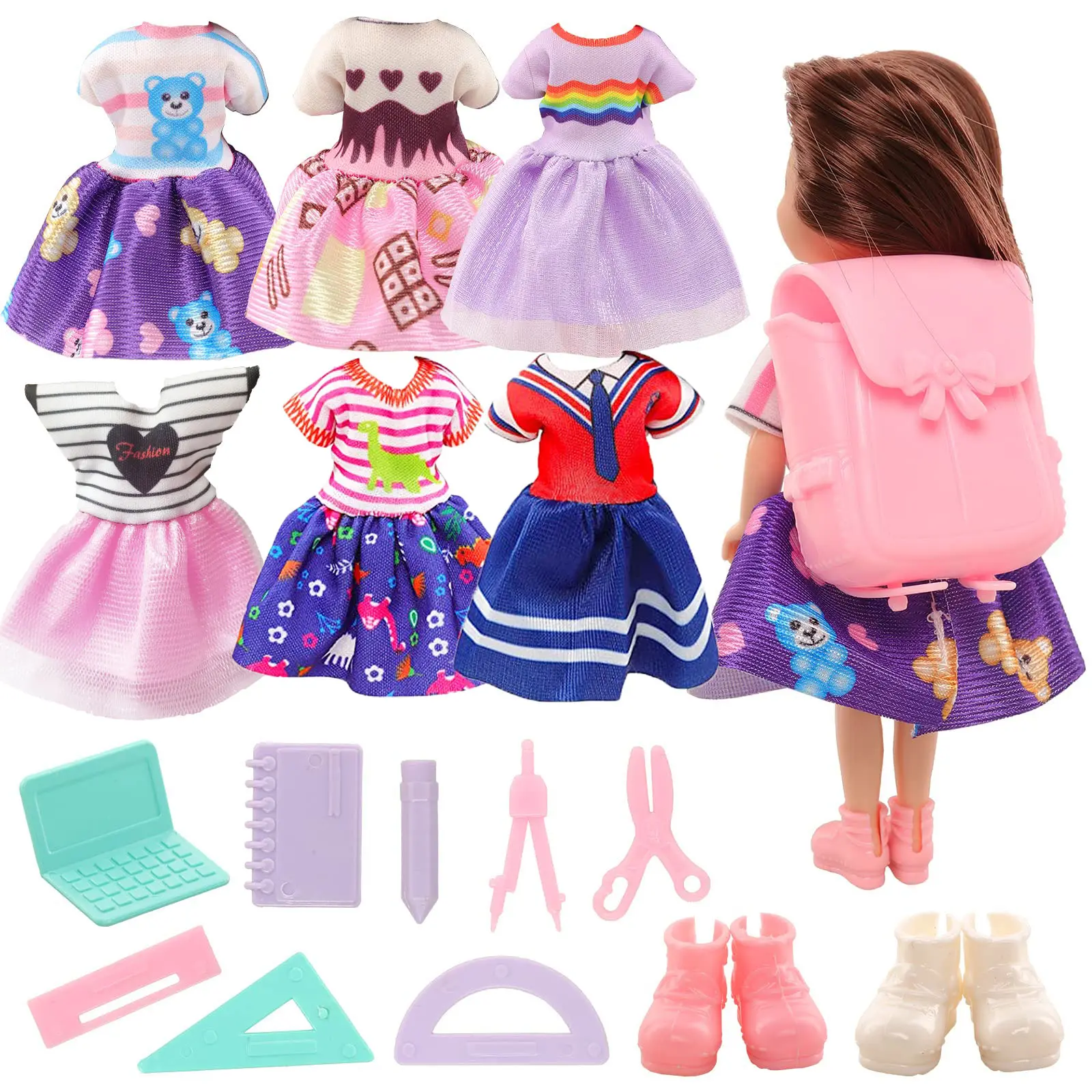 Handmade Craft 16-Piece Soft & Durable Fabric Doll Accessories Set for 5.3-Inch Dolls - 5 Dresses, Backpack, 8 Random-Color Learning Tools, School Toys for Imaginative Play