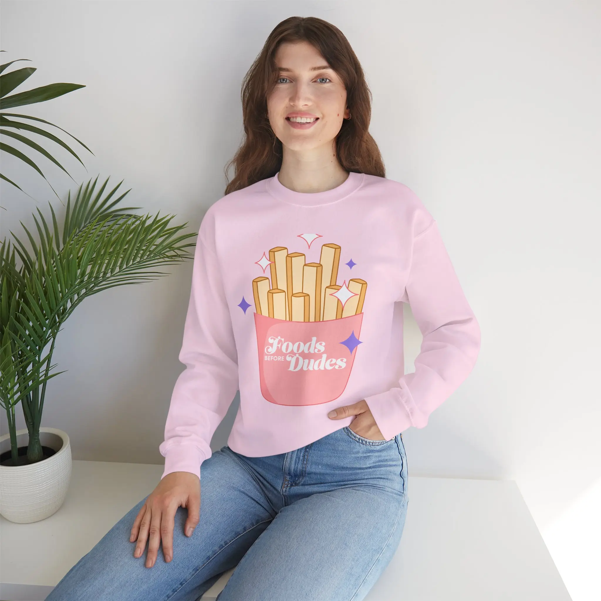 "Foods before Dudes" Funny Valentines Day Sweatshirt, Unisex Crewneck, Gift for Women, Valentine's Jumper, Heart Day Pullover Top, Humorous hoodie  business valentine  sweatshirt vintage  crewnecks Cotton Comfy