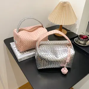 Women's Woven PU Leather Tote with Top Handle - Structured Shape, Large Capacity, Water-Resistant, Chic Versatile Makeup Organizer Pouch, Woven Texture, Travel Ready for Everyday Use,summervibes outdoorfun