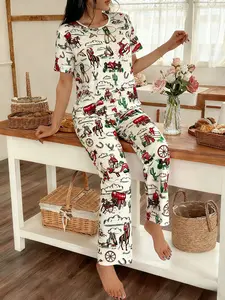 Spring Summer New Western Cowboy Cactus Print Women's Fitted Pajama Set, Elegant Casual Homewear Loungewear, Stylish Ladies Sleepwear Collection Pjs