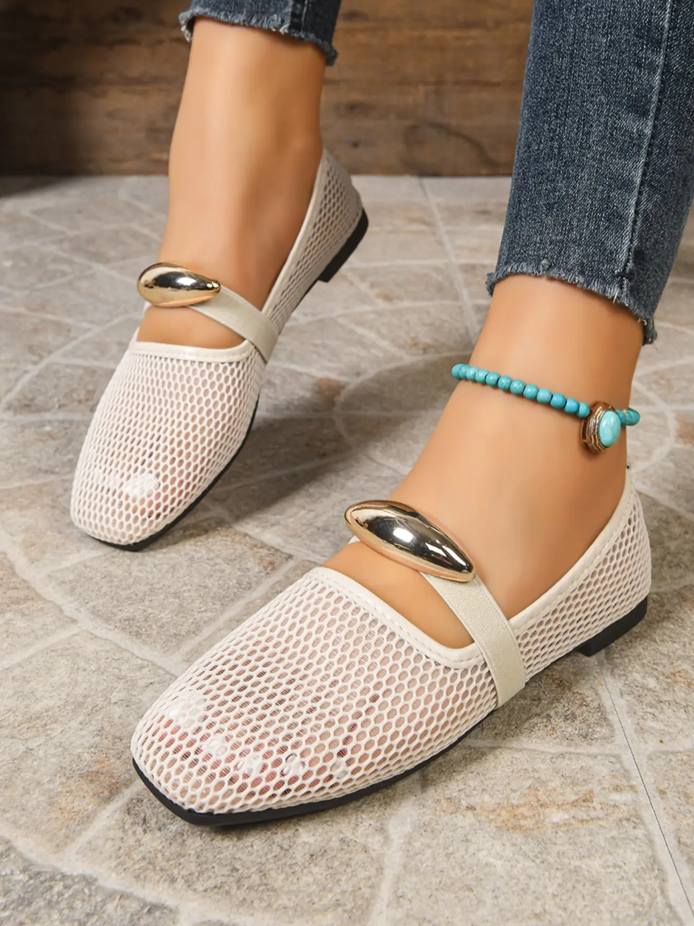 2026 Summer New Mesh Hollow Metal Buckle Mary Jane Flats, Breathable Square Toe Non Slip Flat Shoes, Soft Sole Anti-Slip Comfort Ballet Shoes, Walking Shoes