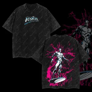 Superstyle The Sentinel of the Spaceways "Silver Surfer" Fantastic Four MCU Superhero Comic Edition Double Printed Oversize Lightweight Acid Washed Tee TV Series Graphic Design Top Cotton Streetwear Comic Superheroes T-Shirt Clothes Menswear Womenswear