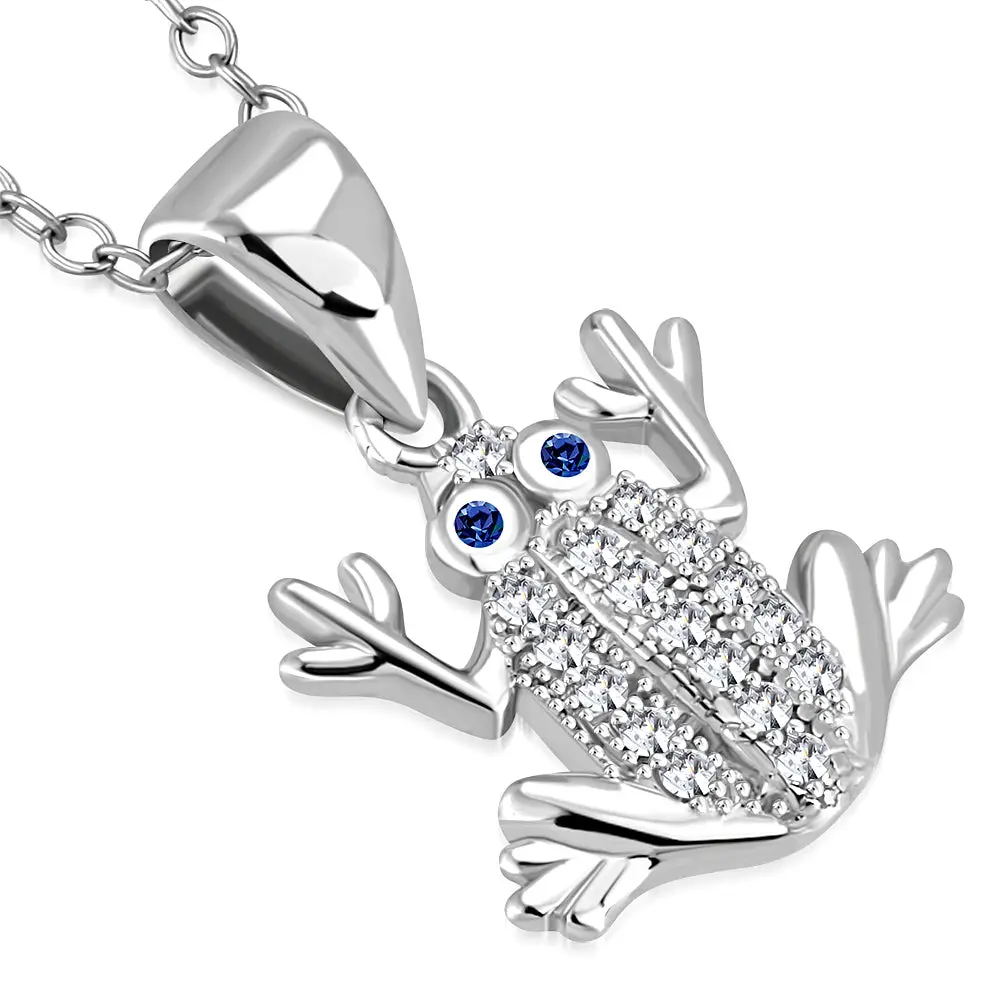 925 Sterling Silver White Clear Blue CZ Frog Pendant Necklace, School, Adjustable