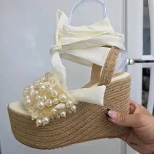 Zoe Brand Women's 12 cm Platform Sandals with Pearl Decorations & Braided Design Comfortable Walking Shoes for Summer Girl Footwear