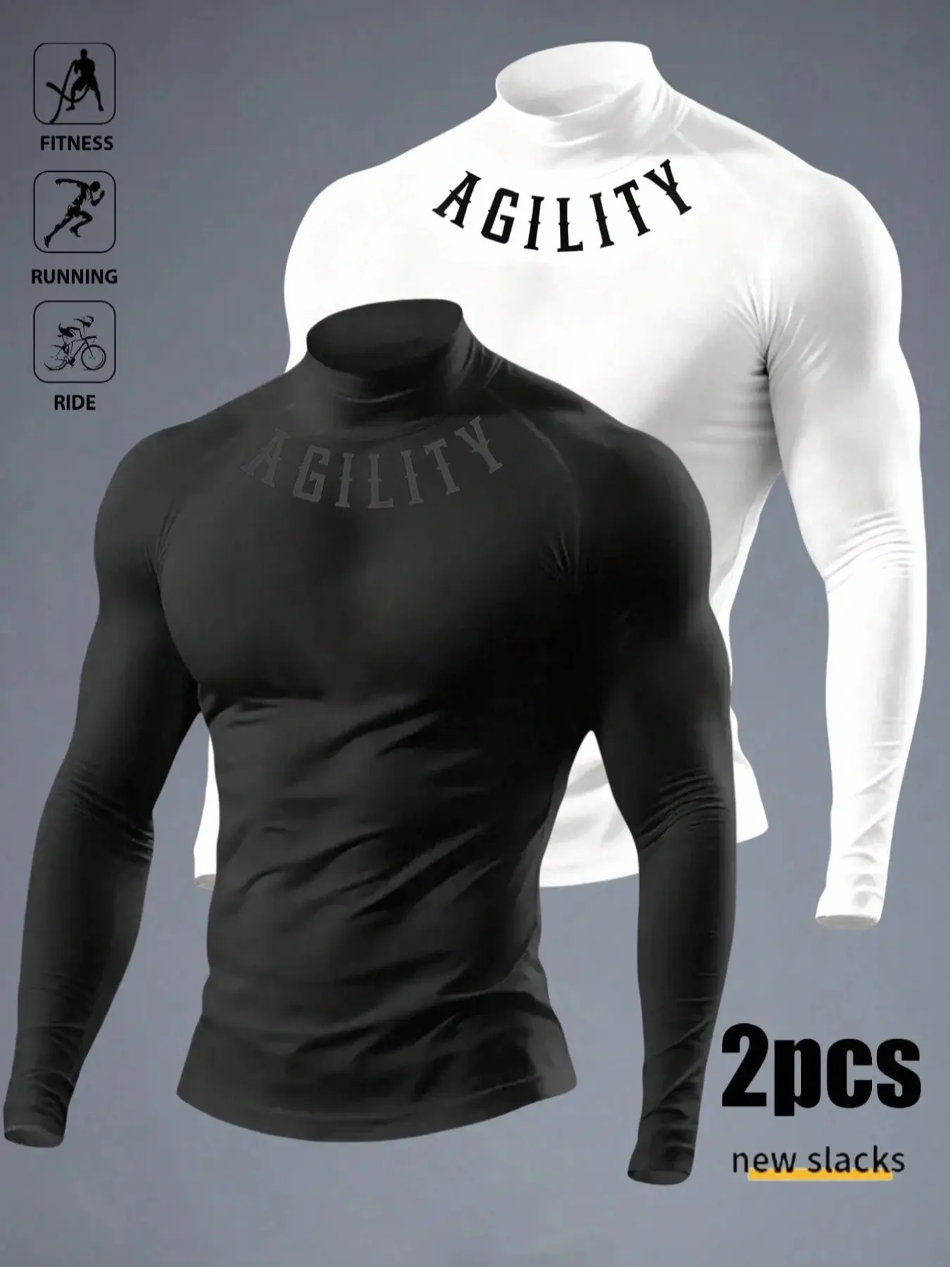 Men's High-Neck Compression Shirts, Agility Print, Compression Fit for Fitness Running Ride, Moisture-Wicking, Long-Sleeve, Compression Workout Shirts, Fitness Sport Top, Fitness Clothes, Compression Tops
