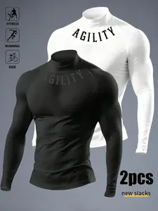 Men's High-Neck Compression Shirts, Agility Print, Compression Fit for Fitness Running Ride, Moisture-Wicking, Long-Sleeve, Compression Workout Shirts