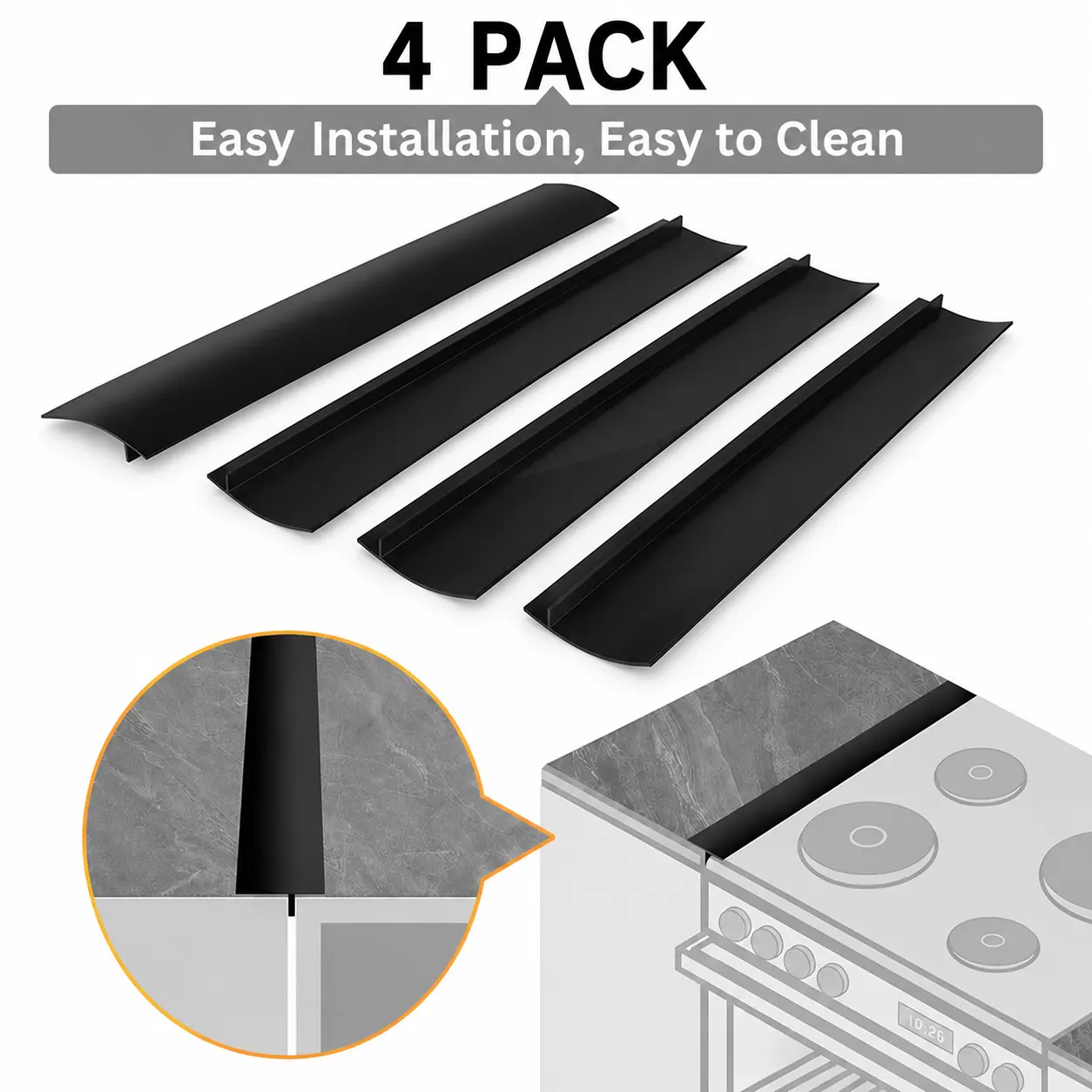 4-Pack 21-Inch Silicone Stove Gap Covers, Flexible Kitchen Counter Filler, Heat Resistant, Dishwasher Safe and Trimmable Guard